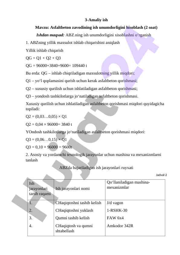 Asfaltbeton zavodining ish unumdorligini hisoblash