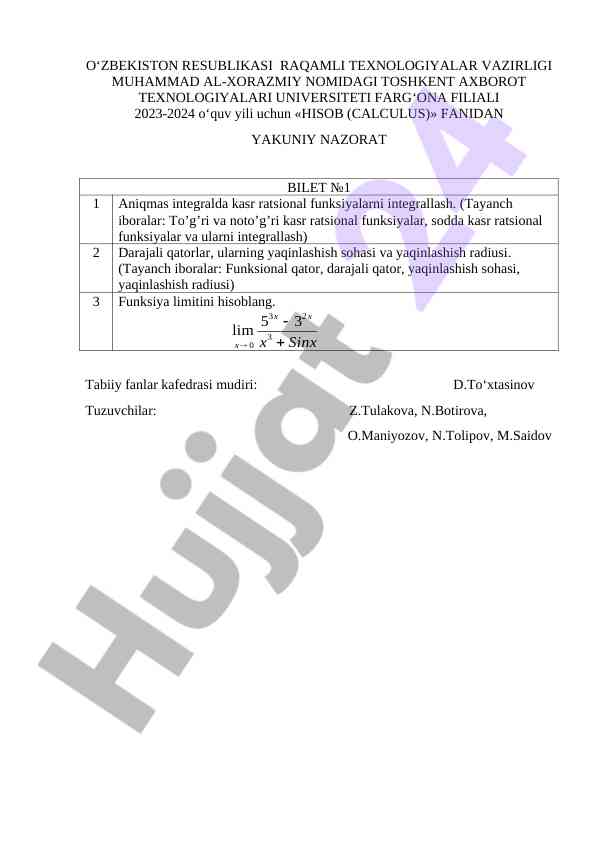 Hisob fanidan yakuniy nazorat 2023-2024