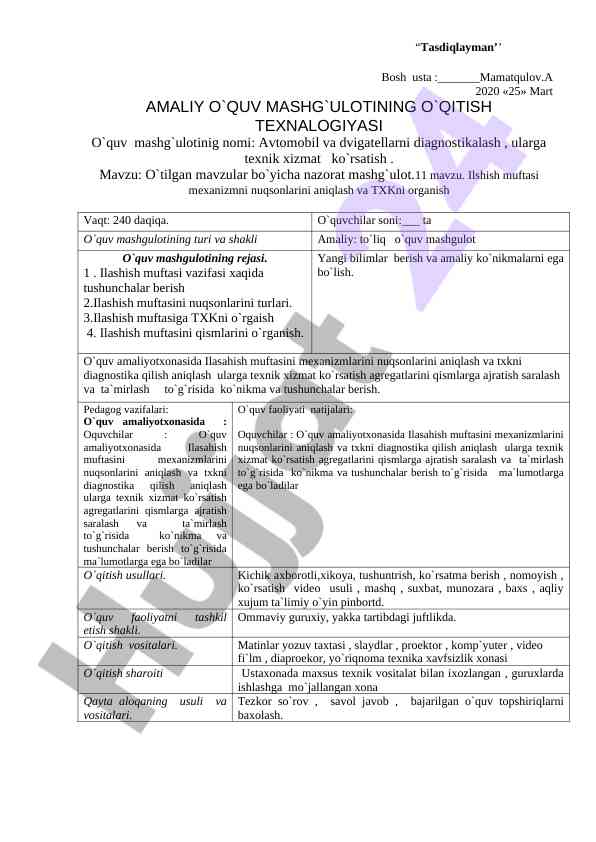 Avtomobil va dvigatellarni diagnostikalash mashg`uloti