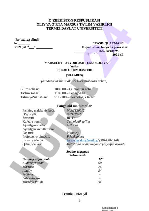Maxsulot tayyorlash texnologiyasi fanidan ishchi dastur