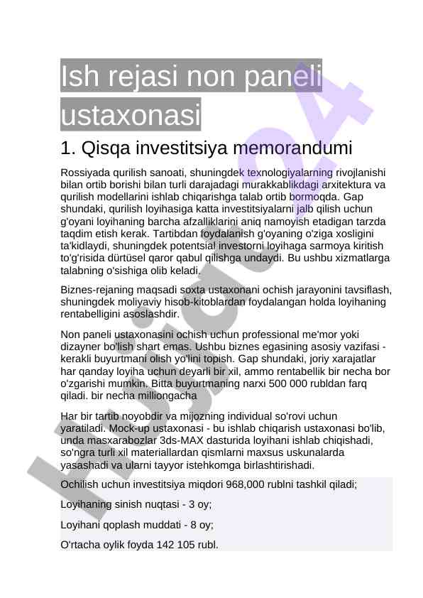 Non paneli ustaxonasi ish rejasi va investitsiya