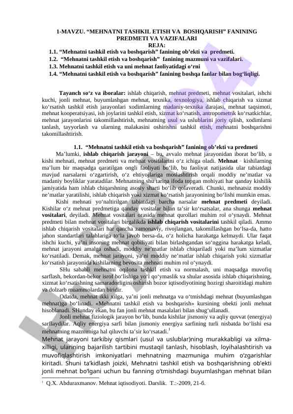 Mehnatni tashkil etish va boshqarish fani tahlili