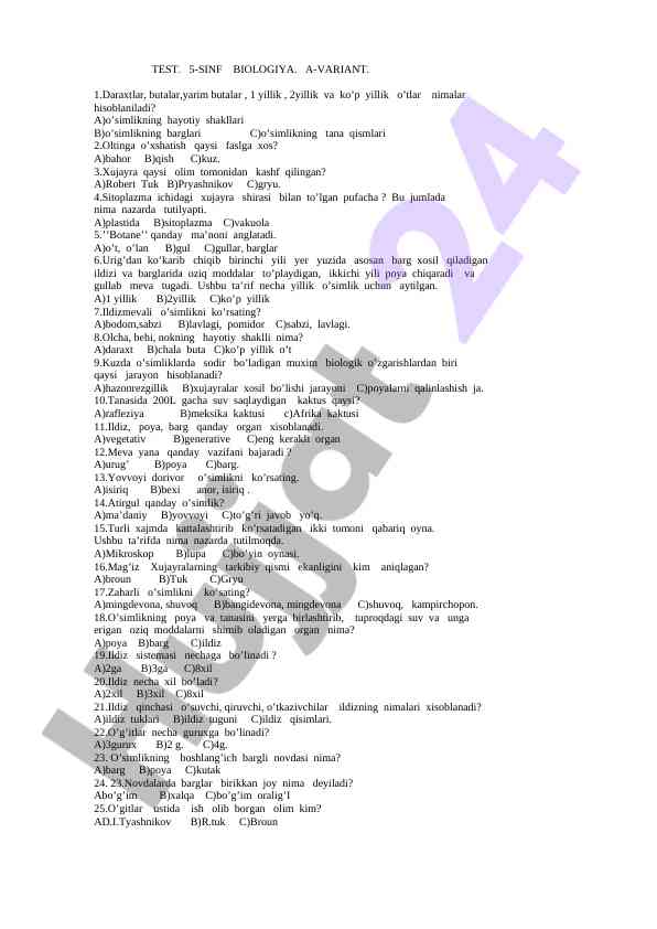 5-sinf biologiya test savollari a-variant