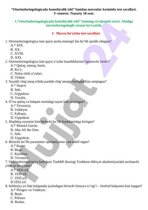 Otorinoloringologiyada hamshiralik ishi test savollari