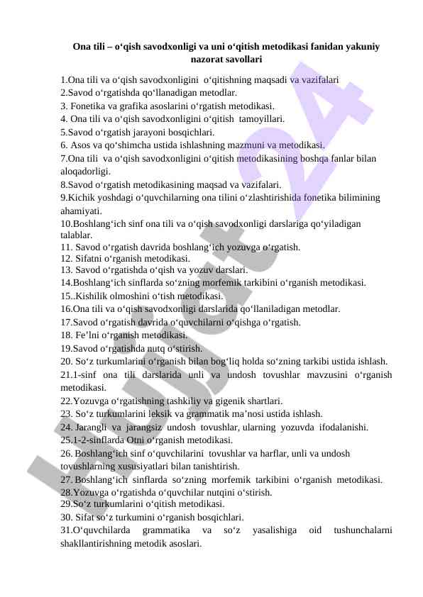 Ona tili o‘qish savodxonligi metodikasi yakuniy nazorat