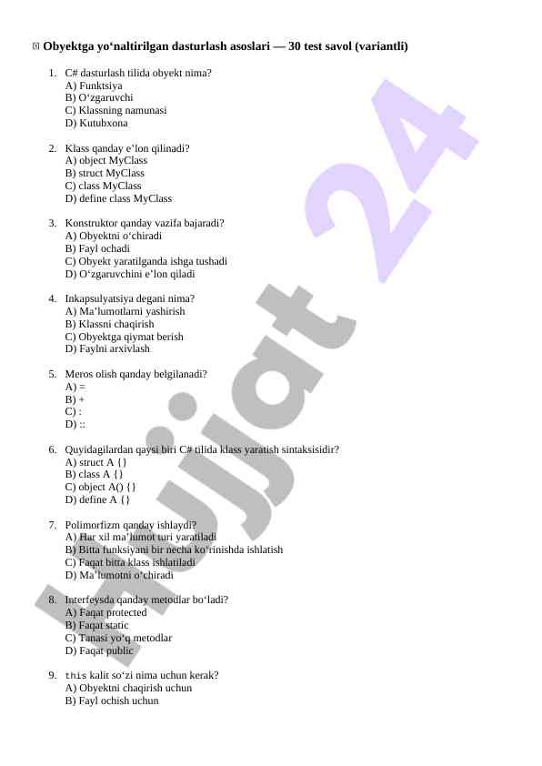 C# dasturlash asoslari uchun 30 test savol