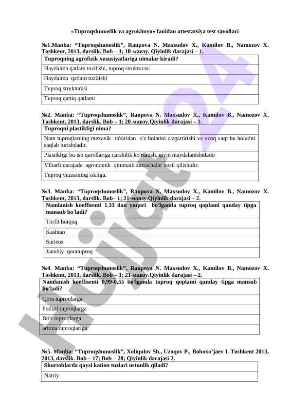Tuproqshunoslik va agrokimyo test savollari №1