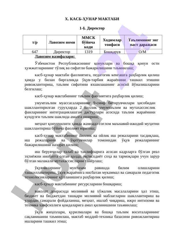 Kasb-hunar maktabida direktorning vazifalari