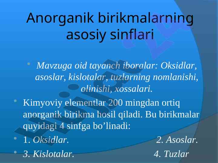 Anorganik birikmalar sinflari va oksidlarning olinishi