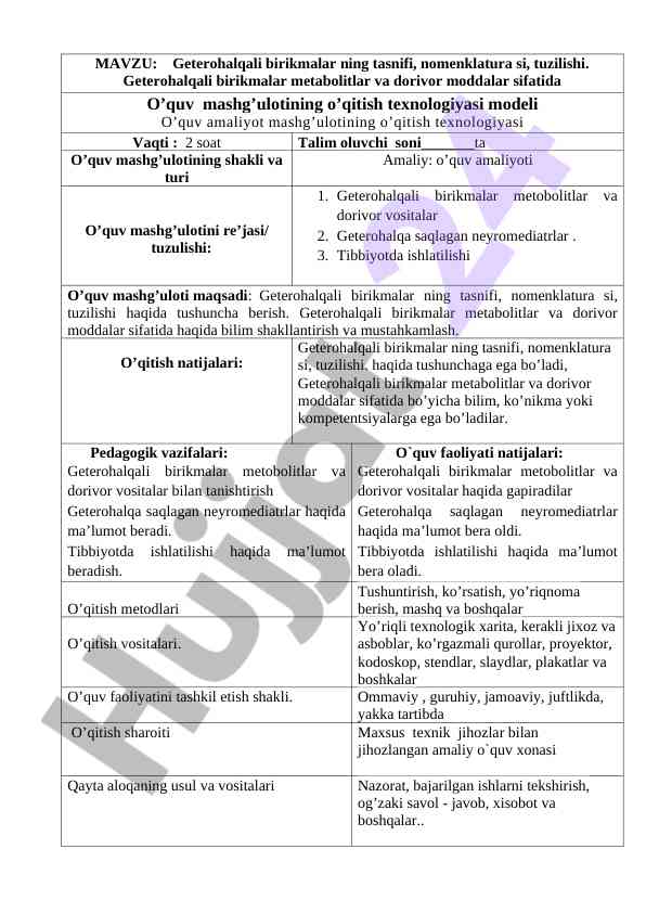 Tibbiy kimyo o‘quv amalyot mashg‘ulotlari rejasi