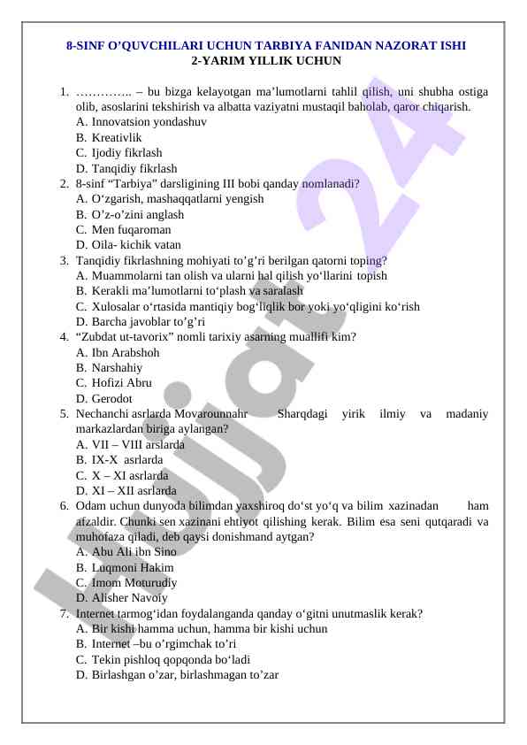 8-sinf tarbiya fanidan nazorat ishlari