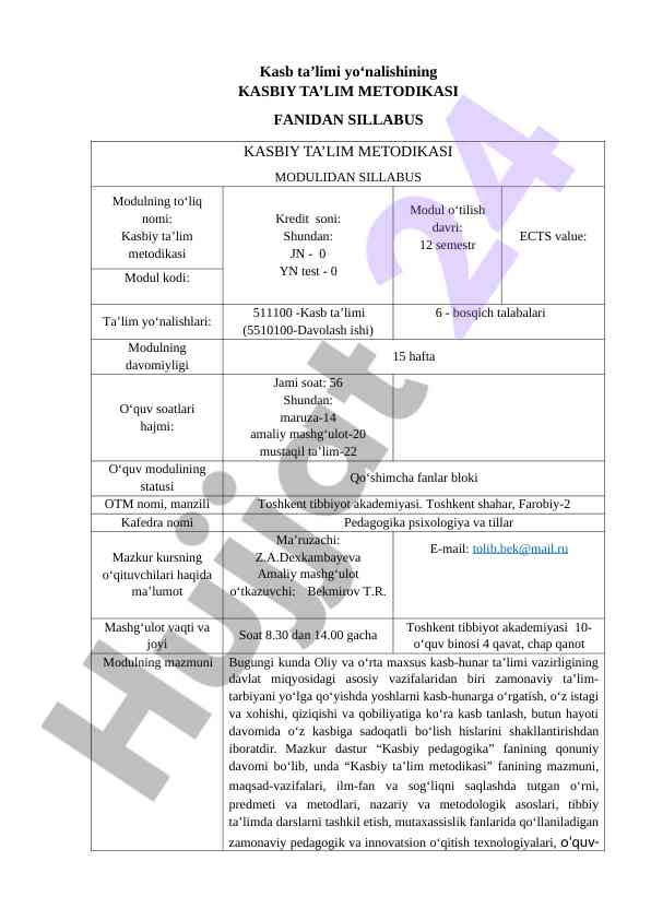 Kasb ta’limi metodikasi fanidan silabus