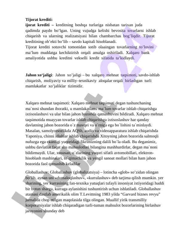 Tijorat krediti va xalqaro mehnat taqsimoti