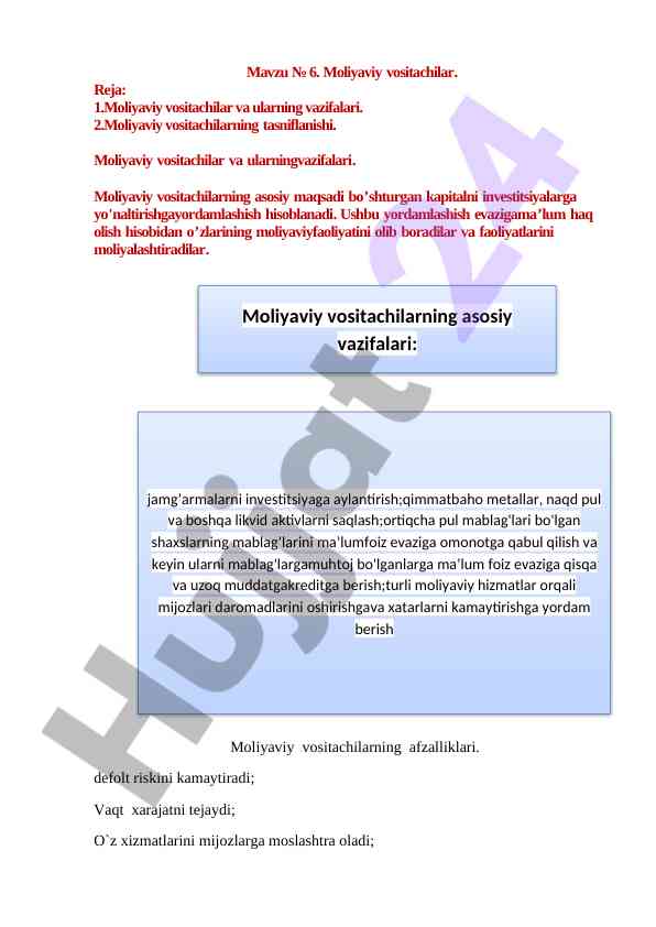 Moliyaviy vositalar va ularning vazifalari