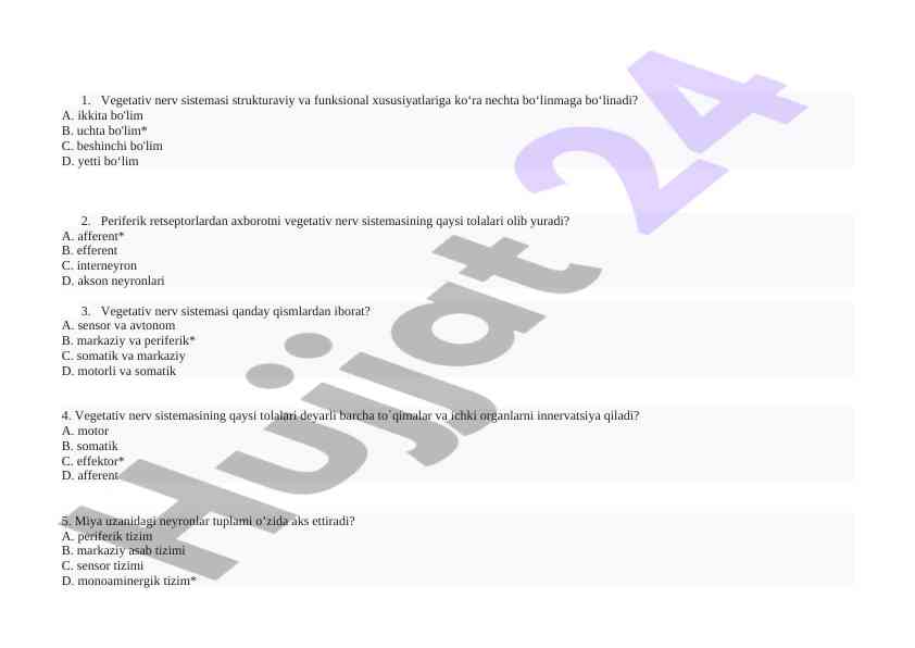 Vegetativ nerv sistemasiga oid test savollari