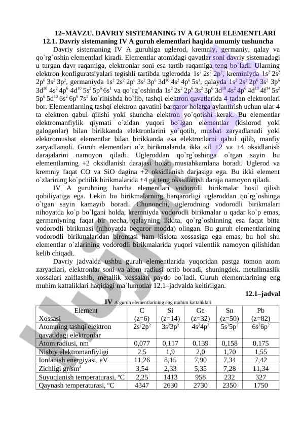 Davriy sistema iv a guruh elementlari tushunchasi