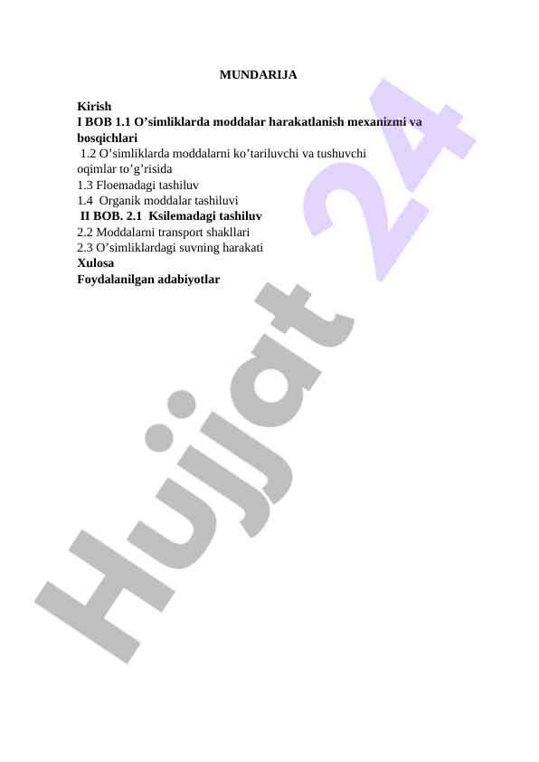 O‘simeklarning fiziologiyasi va moddalar harakati