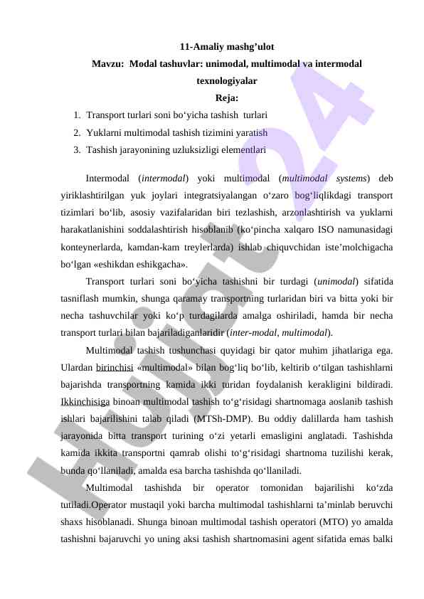 Modal tashuvlar: unimodal, multimodal va intermodal texnologiyalar