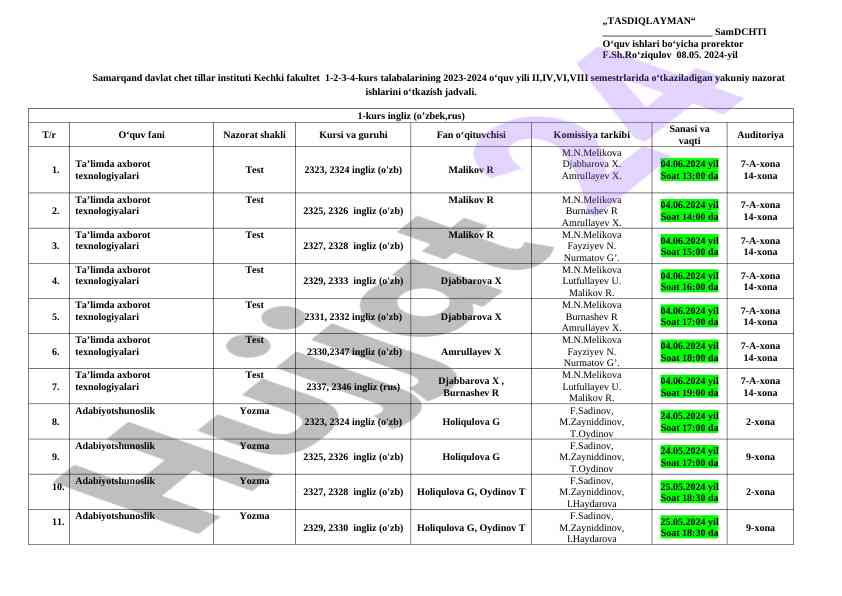 Yakuniy nazoratlar uchun jadval 2023-2024 oʻquv yili