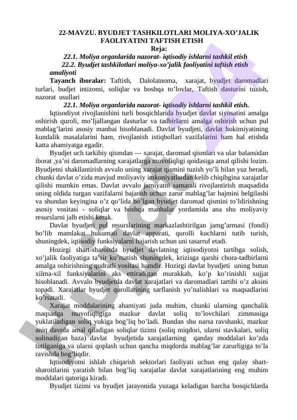 Byudjet tashkilotlari moliya-xo'jalik faoliyati taftish