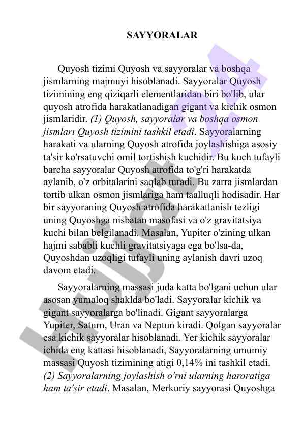 Sayyoralar va ularning quyosh tizimidagi rol