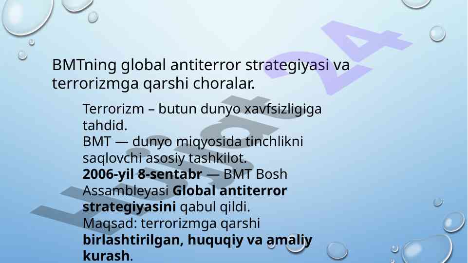 Bmtning global antiterror strategiyasi va choralar