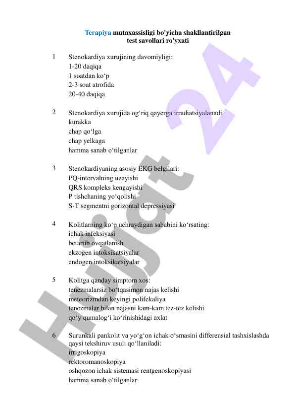 Terapiya mutaxassisligi test savollari ro'yxati