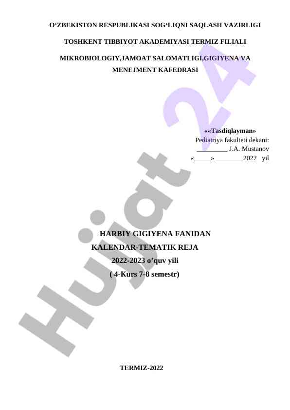 Harbiy gigiyena fanidan kalendardagi reja 2022-2023