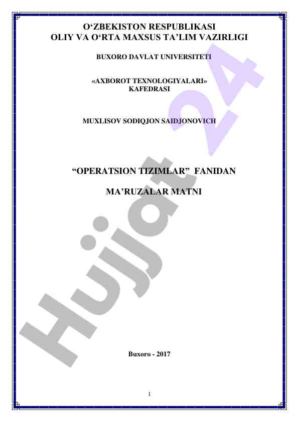 Operatsion tizimlar fanidan ma'ruzalar matni