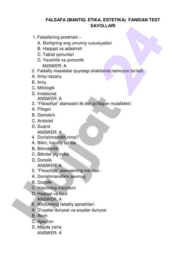Falsafa fanidan test savollari bilan tanishing