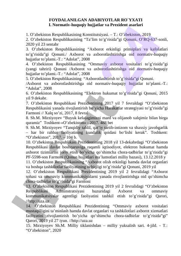 Normativ-huquqiy hujjatlar ro'yxati o'zbekistonda