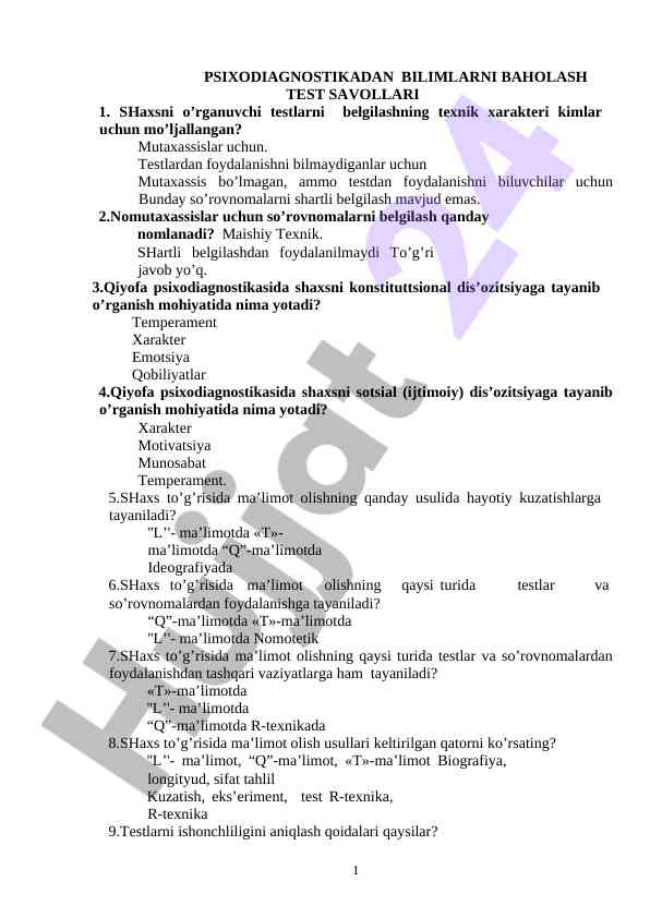 Psixodiagnostikadan bilimlarni baholash test savollari