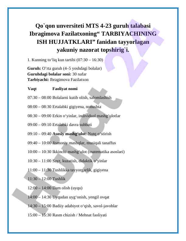 Tarbiyachining ish hujjatlari nizomi