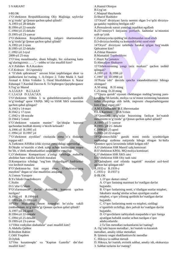 O‘zbekiston respublikasi oliy majlisi saylovlariga doir savollar