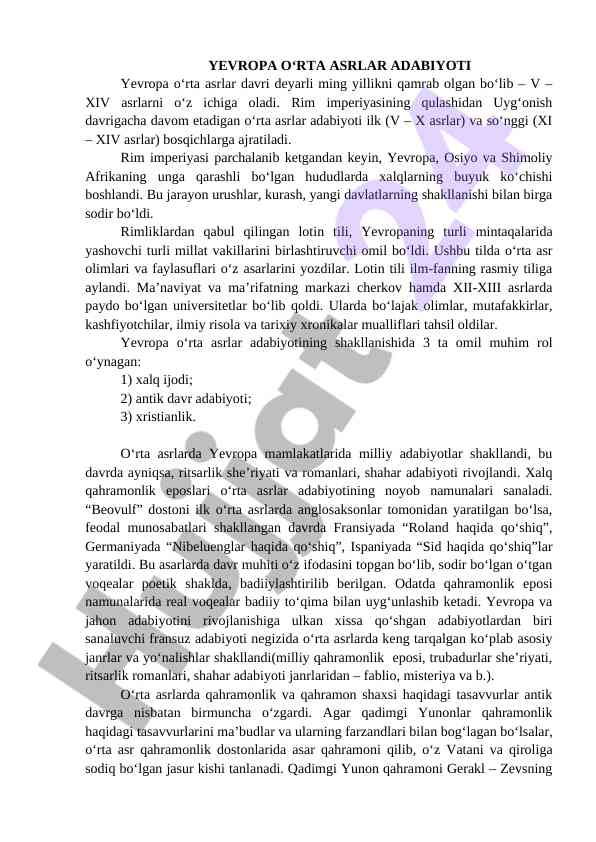Yevropa Orta Asrlar Adabiyoti Tahlili