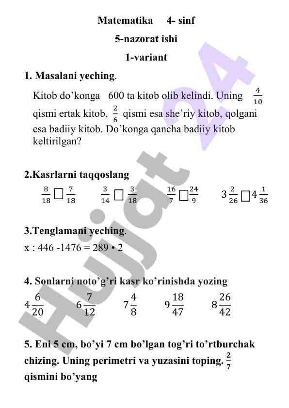 Matematika 4-sinf 5-nazorat ishi 1-variant