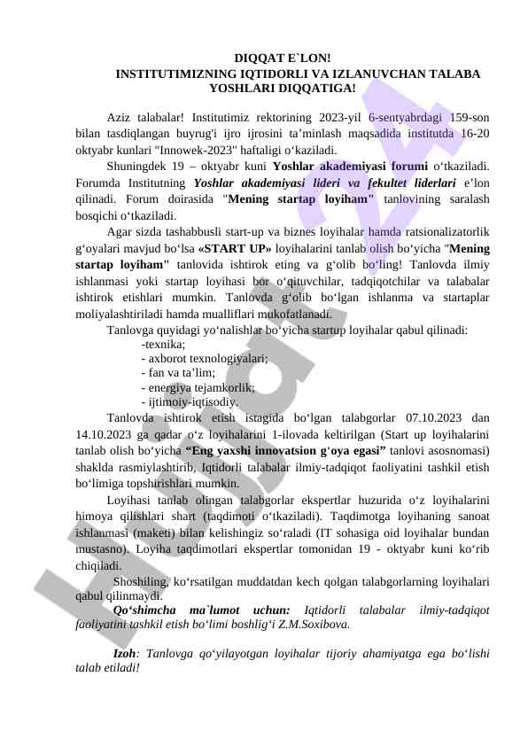 Innowek-2023 haftaligi va yoshlar akademiyasi forum