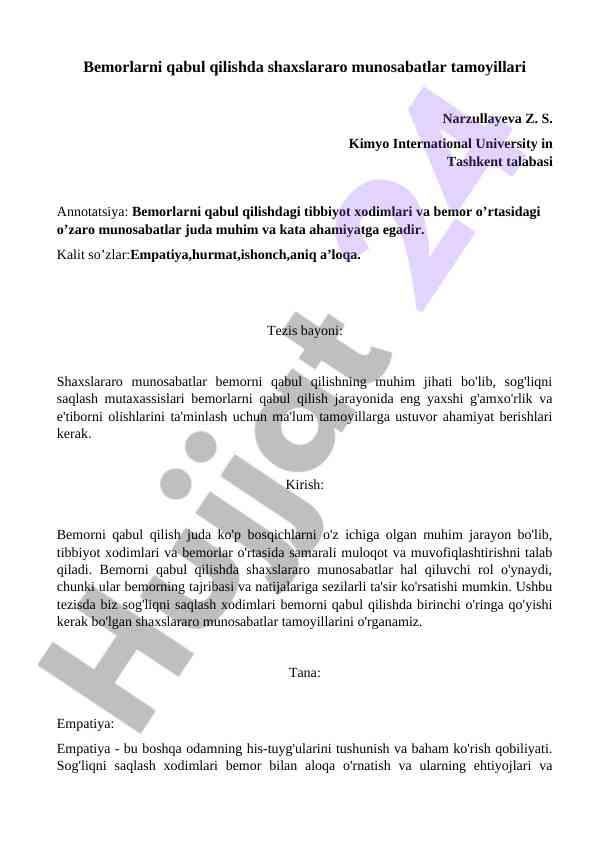 Bemorlarni qabul qilishdagi shaxslararo munosabatlar