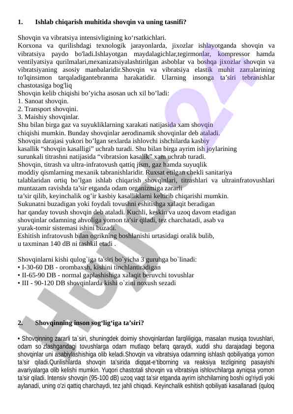 Ishlab chiqarish muhitida shovqin va uning tasnifi