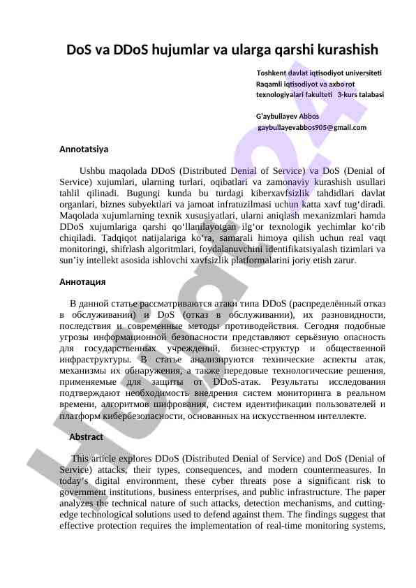 Dos va ddos hujumlarining tahlili va himoya usullari