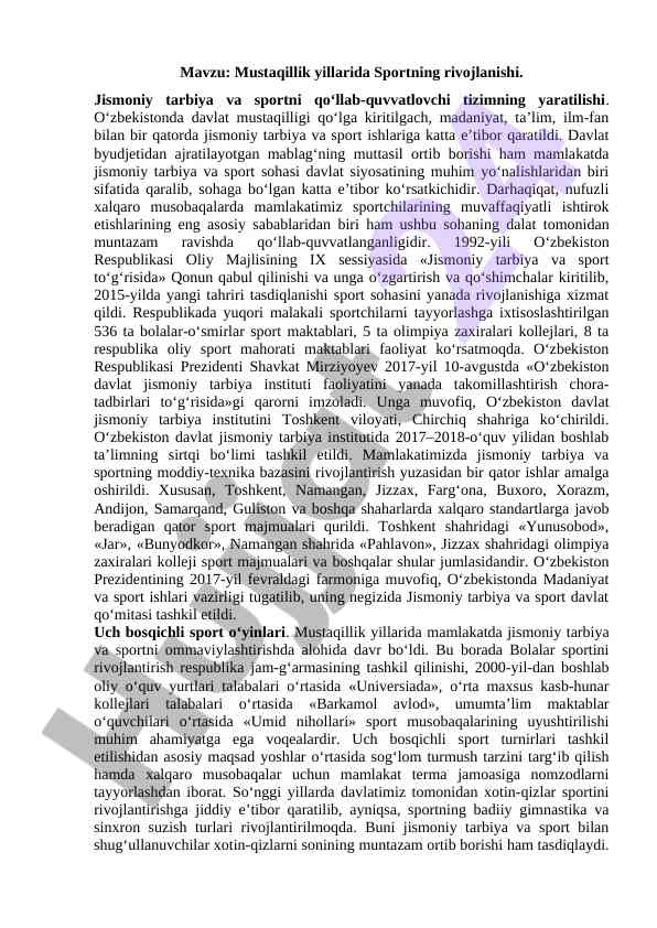 Mustaqillik yillarida sport rivojlanishi tahlili
