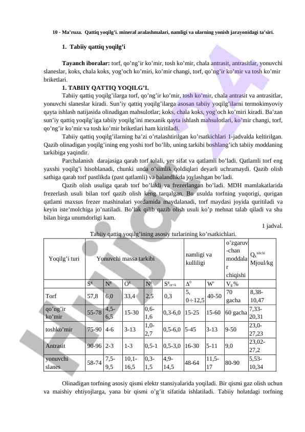 Qattiq yoqilg’i mineral aralashmalari va ularning ta’siri