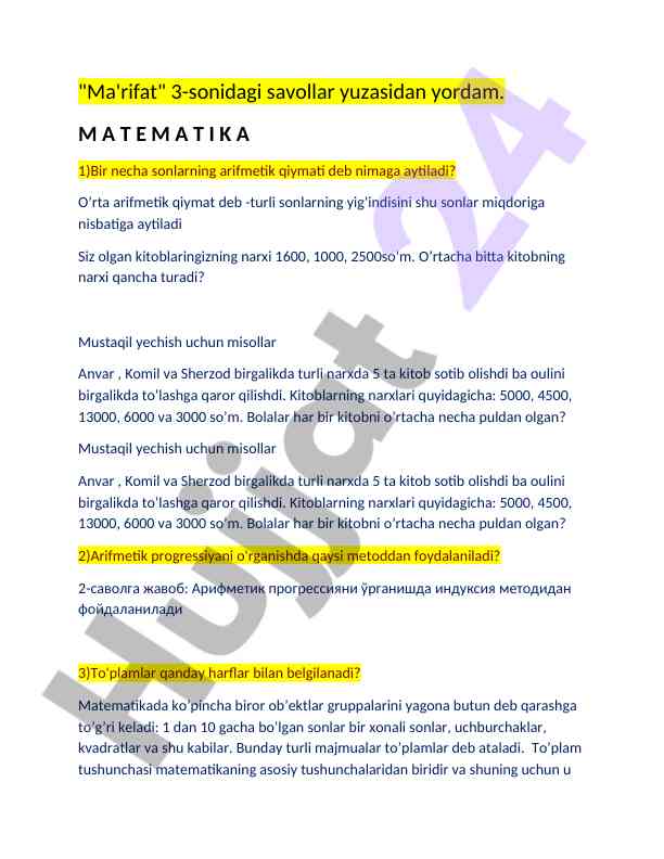 Arifmetik Qiymat Va Progressiya Metodlari