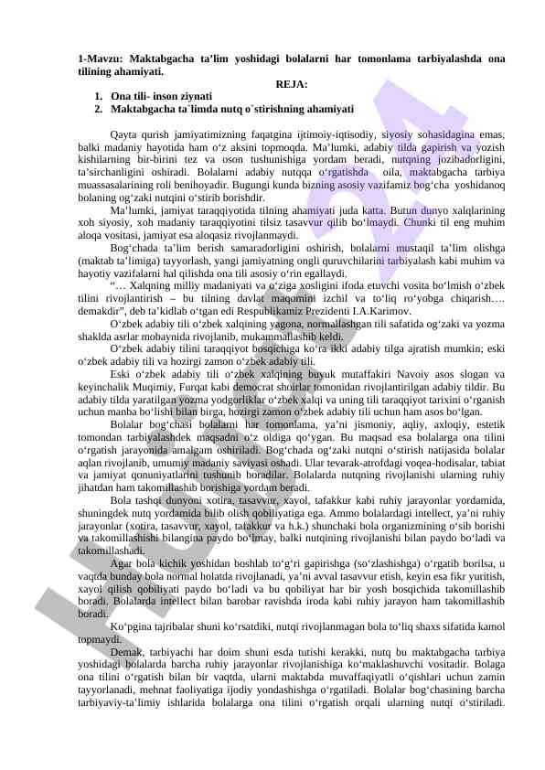 Ona tilining maktabgacha ta’limdagi ahamiyati