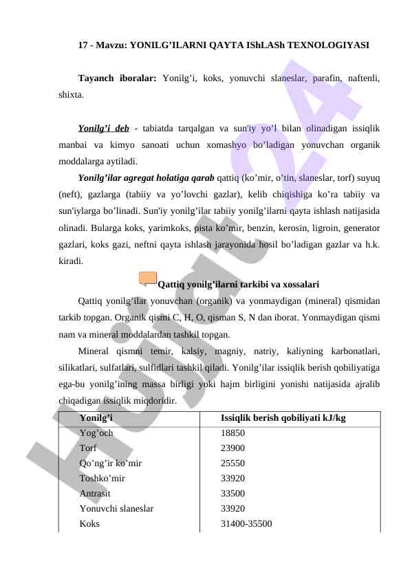 Yonilg‘ilarni qayta ishlash texnologiyasi