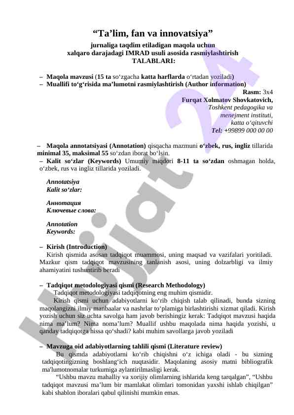 Ta'lim, fan va innovatsiya jurnaliga maqola qoidalari