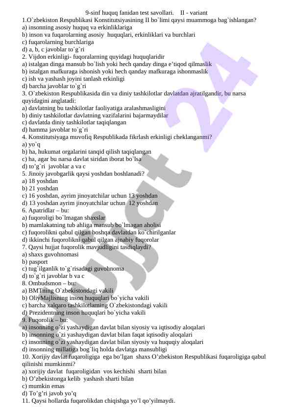 9-sinf huquq fanidan test savollari ii variant