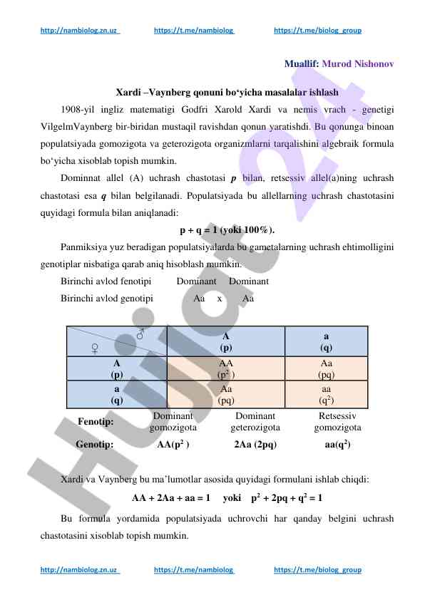 Xardi-vaynberg qonuni bo‘yicha masalalar ishlash