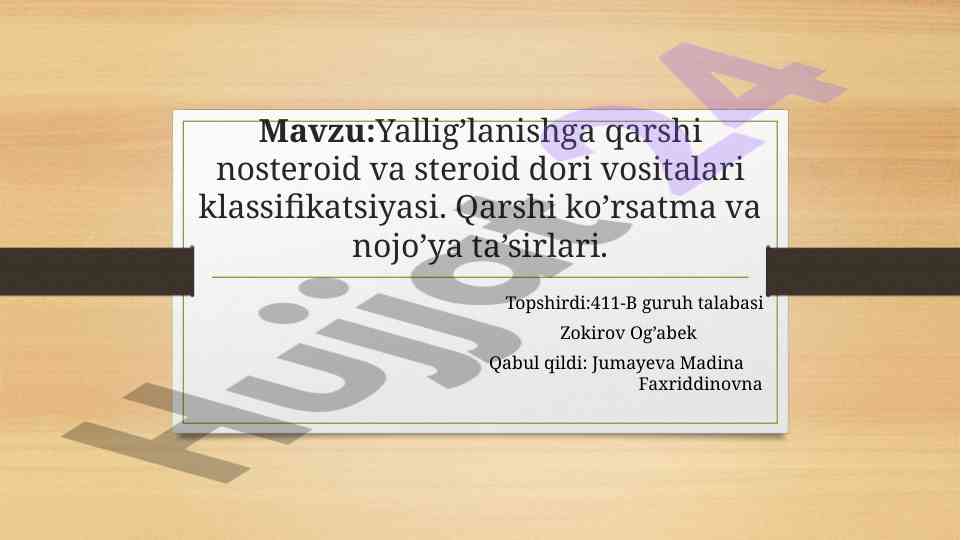 Yallig’lanishga qarshi dori vositalari klassifikatsiyasi