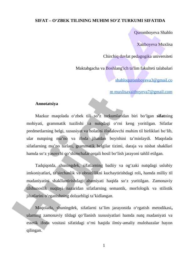Sifat o‘zbek tilining muhim so‘z turkumi